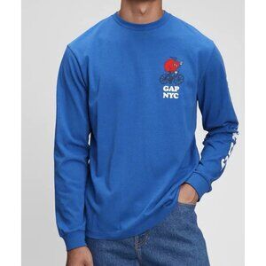 GAP NYC Long Sleeve Shirt Mens Medium Blue Apple Bicycle Graphic Logo Tee